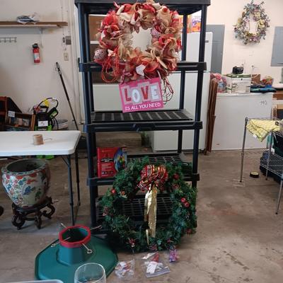 CHRISTMAS DECORATIONS & TREE STAND PLUS A VALENTINES WREATH