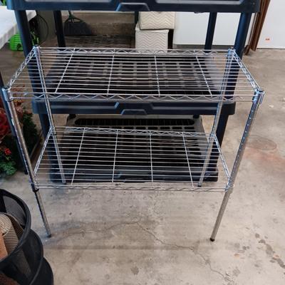 NO SLIDE MATERIAL, SMALL METAL STORAGE SHELF, FIRE EXTINGUISHER & STOOL