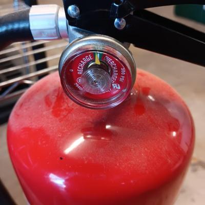 NO SLIDE MATERIAL, SMALL METAL STORAGE SHELF, FIRE EXTINGUISHER & STOOL