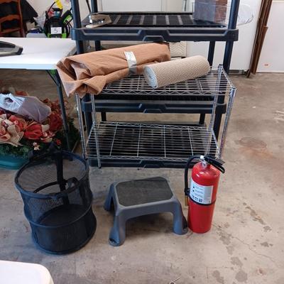 NO SLIDE MATERIAL, SMALL METAL STORAGE SHELF, FIRE EXTINGUISHER & STOOL