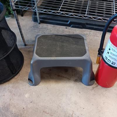 NO SLIDE MATERIAL, SMALL METAL STORAGE SHELF, FIRE EXTINGUISHER & STOOL