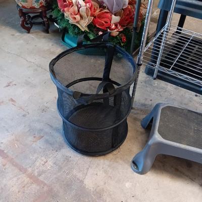 NO SLIDE MATERIAL, SMALL METAL STORAGE SHELF, FIRE EXTINGUISHER & STOOL