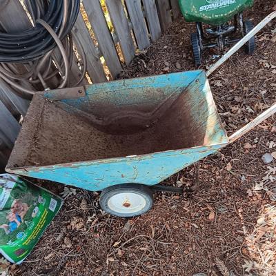 GARDEN CART, BAG OF FERTILIZER, TOPSOIL AND BARK (HOSE NOT INCLUDED)