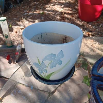 A STEEL PLANTER, 2 PIECE CLAY AND CERAMIC PLANTERS