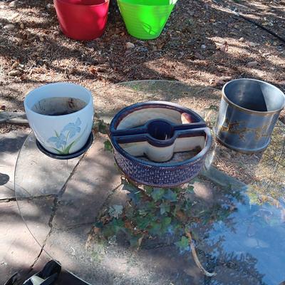 A STEEL PLANTER, 2 PIECE CLAY AND CERAMIC PLANTERS