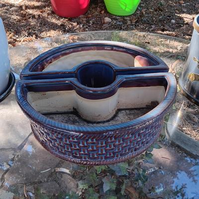 A STEEL PLANTER, 2 PIECE CLAY AND CERAMIC PLANTERS