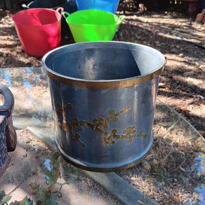 A STEEL PLANTER, 2 PIECE CLAY AND CERAMIC PLANTERS