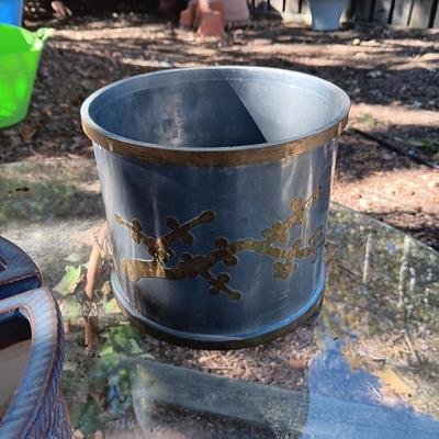 A STEEL PLANTER, 2 PIECE CLAY AND CERAMIC PLANTERS
