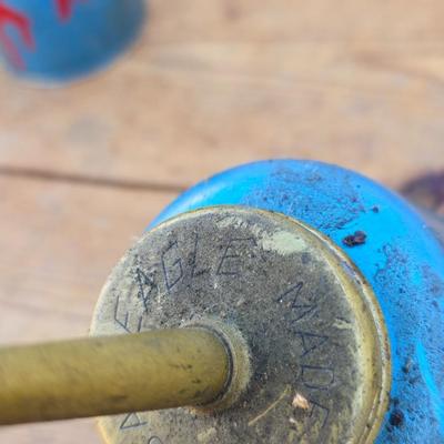 Two blue metal oil cans - Rainbow Pump Eagle Mfg. -