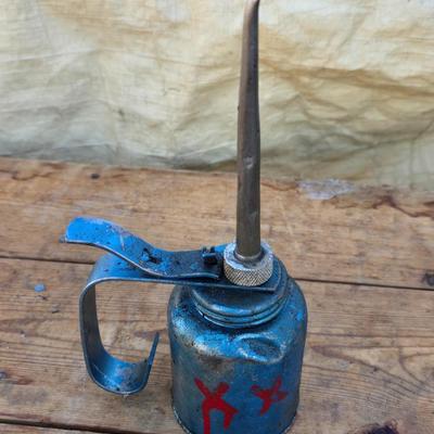 Two blue metal oil cans - Rainbow Pump Eagle Mfg. -