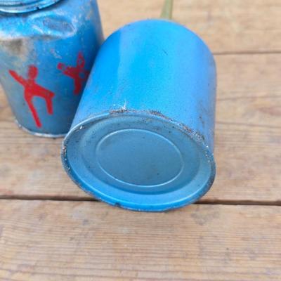 Two blue metal oil cans - Rainbow Pump Eagle Mfg. -