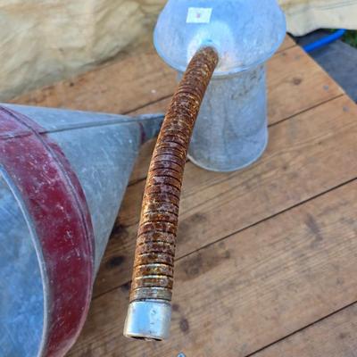 Vintage offset farm funnel Steampunk - with a 2-quart galvanized Fluid can with bendable spout