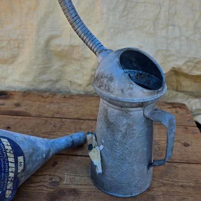 Vintage Behrens mfg. metal craftsman funnel - vintage American Parts company galvanized oil can with bendable spout - with pouring spout
