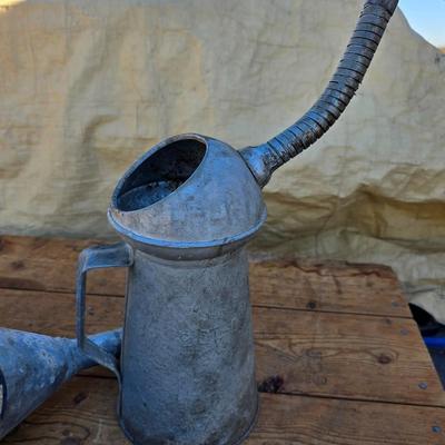 Vintage Behrens mfg. metal craftsman funnel - vintage American Parts company galvanized oil can with bendable spout - with pouring spout