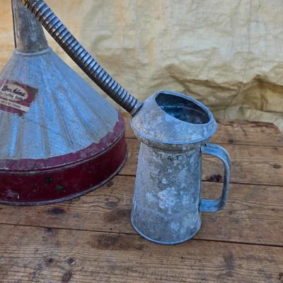 Vintage Brookins service station 8 Qt. metal funnel with metal oil can and a spout