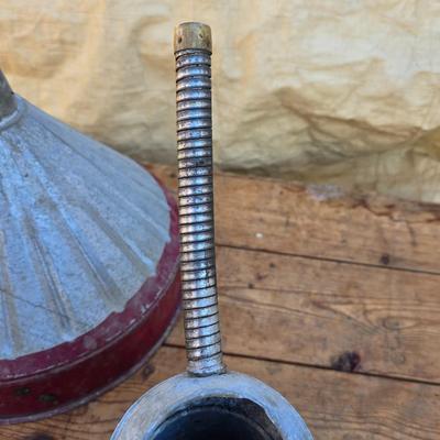 Vintage Brookins service station 8 Qt. metal funnel with metal oil can and a spout