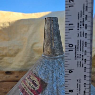 Vintage Brookins service station 8 Qt. metal funnel with metal oil can and a spout