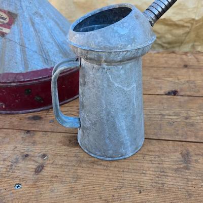Vintage Brookins service station 8 Qt. metal funnel with metal oil can and a spout