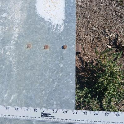 Mtal grain or storage box - metal irrigation gate - enamel pan - and a tractor warning sign