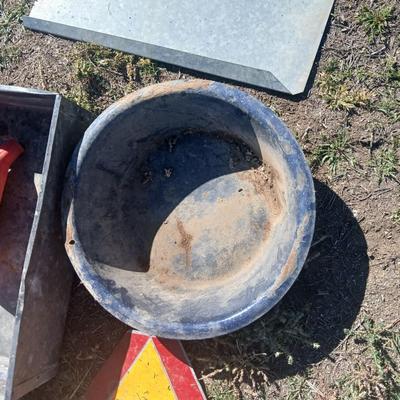 Mtal grain or storage box - metal irrigation gate - enamel pan - and a tractor warning sign