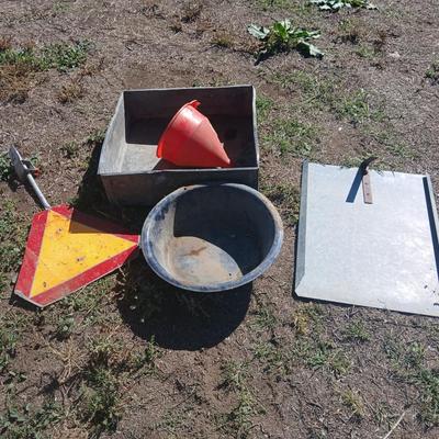 Mtal grain or storage box - metal irrigation gate - enamel pan - and a tractor warning sign