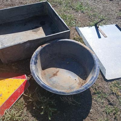Mtal grain or storage box - metal irrigation gate - enamel pan - and a tractor warning sign
