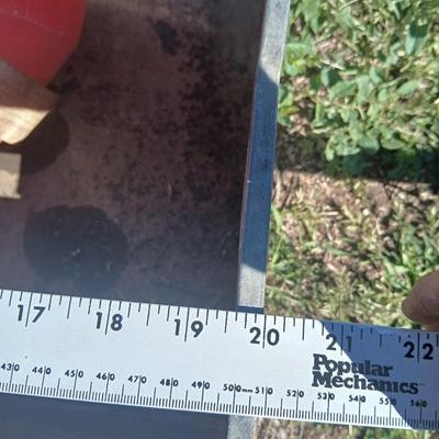 Mtal grain or storage box - metal irrigation gate - enamel pan - and a tractor warning sign
