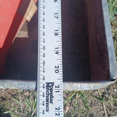 Mtal grain or storage box - metal irrigation gate - enamel pan - and a tractor warning sign