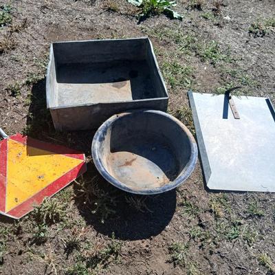 Mtal grain or storage box - metal irrigation gate - enamel pan - and a tractor warning sign