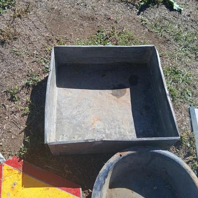 Mtal grain or storage box - metal irrigation gate - enamel pan - and a tractor warning sign