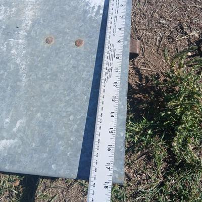 Mtal grain or storage box - metal irrigation gate - enamel pan - and a tractor warning sign