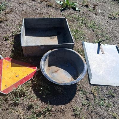 Mtal grain or storage box - metal irrigation gate - enamel pan - and a tractor warning sign