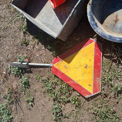 Mtal grain or storage box - metal irrigation gate - enamel pan - and a tractor warning sign