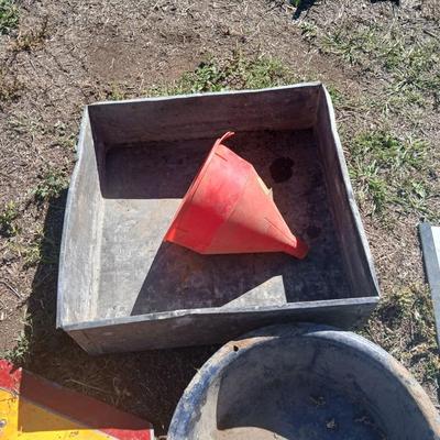 Mtal grain or storage box - metal irrigation gate - enamel pan - and a tractor warning sign