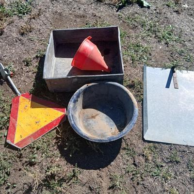 Mtal grain or storage box - metal irrigation gate - enamel pan - and a tractor warning sign