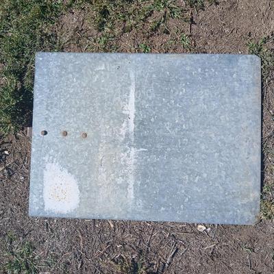 Mtal grain or storage box - metal irrigation gate - enamel pan - and a tractor warning sign