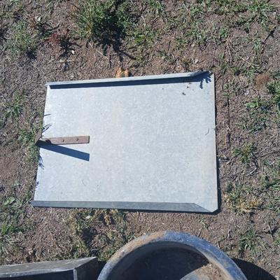 Mtal grain or storage box - metal irrigation gate - enamel pan - and a tractor warning sign