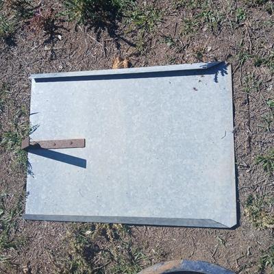 Mtal grain or storage box - metal irrigation gate - enamel pan - and a tractor warning sign
