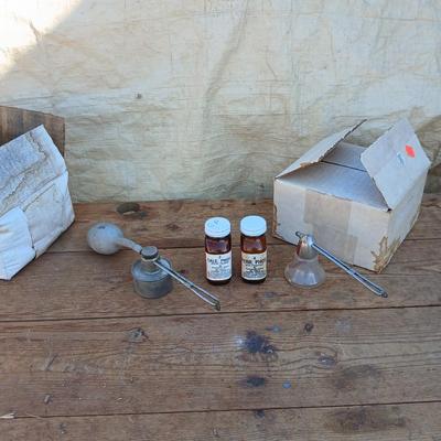 Two vintage Atomizer with two boxes of brown colored medicine bottles