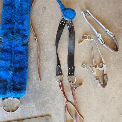 Assorted vintage horse tack - bits - breast collar & girth