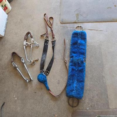 Assorted vintage horse tack - bits - breast collar & girth