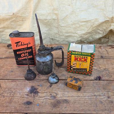 Vintage tin can, boxes, and oil cans