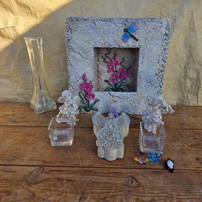 Angel themed home & Patio decorations - with a dragonfly / floral diorama wall hanging and miniature glass figures
