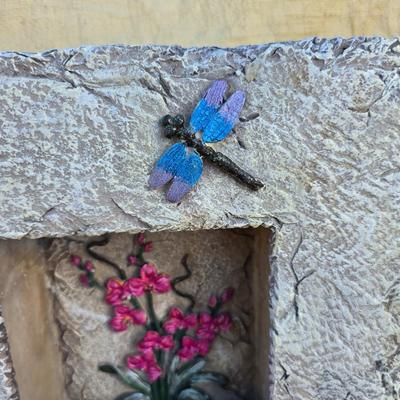 Angel themed home & Patio decorations - with a dragonfly / floral diorama wall hanging and miniature glass figures