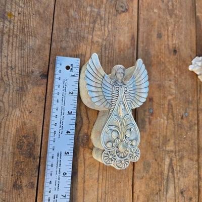 Angel themed home & Patio decorations - with a dragonfly / floral diorama wall hanging and miniature glass figures