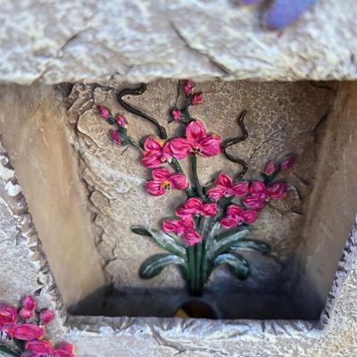 Angel themed home & Patio decorations - with a dragonfly / floral diorama wall hanging and miniature glass figures
