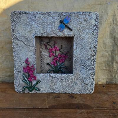 Angel themed home & Patio decorations - with a dragonfly / floral diorama wall hanging and miniature glass figures