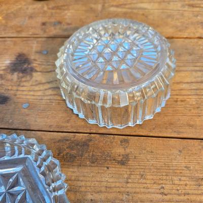 Collection of glassware - MCM Forester Marigold carnival glass decanter - Coplin style glass staining jar - assortment of other jars and...