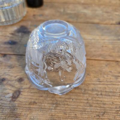 Collection of glassware - MCM Forester Marigold carnival glass decanter - Coplin style glass staining jar - assortment of other jars and...