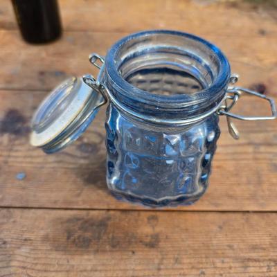 Collection of glassware - MCM Forester Marigold carnival glass decanter - Coplin style glass staining jar - assortment of other jars and...